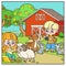 Children feed animals on the farm near the barn color variation coloring book on a white