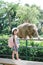 Children feed Asian elephants in tropical safari park during summer vacation. Kids watch animals