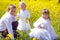 Children in the field with pet rabbit