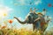 children fly on the elephant. Green world and sunny day. Magic story with birds and flowers