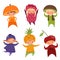 Children in fruit costumes. Vector pictures of various funny clothes for kids