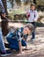 Children games. Girl goes through the tangled rope