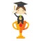 Children Girl Wearing Graduation Suit Sitting With On Huge Golden Trophy Represent To Success Education Vector