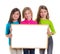 Children girls group holding blank white board copy space