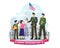 Children give gifts and flowers to Army veterans in military uniforms as a sign of salute and respect on Veterans Day. Flat vector