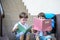 Children go back to school. Start of new school year after summer vacation. Two Boy friends with backpack and books on first