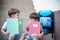 Children go back to school. Start of new school year after summer vacation. Two Boy friends with backpack and books on first