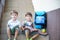 Children go back to school. Start of new school year after summer vacation. Two Boy friends with backpack and books on first