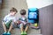 Children go back to school. Start of new school year after summer vacation. Two Boy friends with backpack and books on first