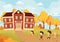 Children going to school. Vector illustration of the autumn landscape with schoolchildren going back to school.