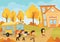 Children going to school. Vector illustration of the autumn landscape with schoolchildren going back to school.