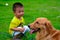 Children and Golden retriever dog