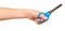 Children hand with blue little scissors, kids educational work