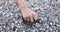 Children hand collects blue gray white pebbles on beach