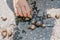 Children hand touching garden snails