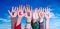 Children Hands Building Word Ferien Means Holidays, Blue Sky