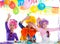 Children happy birthday party with clown wigs