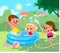 Children have fun at the backyard. Kids in a swimming pool. Children play outside. Summer activities with splashing