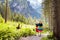 Children hiking in the Alps mountains