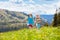 Children hiking in Alps mountains. Kids outdoor.