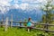 Children hiking in Alps mountains. Kids outdoor