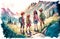 Children hiking in the mountains. Watercolor illustration with kids