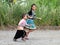 Children hmong tribal and child thai karen ethnic on Mon Jam village mountain hill posing portrait for take photo playing with