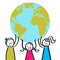 Children holding globe, planet earth, climate change, school kids, colorful stick figures demonstrating, save the planet