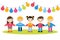 Children holding hands. Cartoon kids figures. Small boys and girls on a white background with color festive flags.