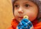 Children holding a quail chicken. A small beautiful boy hugs and kisses a small chicken