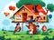 Children in house on tree. Cute and cozy kids playground with wooden shed on branch. Happy characters climbing and