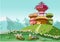 Children illustration of a fairy tale mushroom colorful castle on the hills against a background of mountains