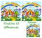 Children illustration. The visual puzzle shows ten differences with  of  clown in a garden with a circus and a ferris wheel from