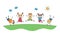 Children jump together. Funny jumping kids. Happy childhood. Doodle vector illustration