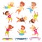 Children jumping on trampolines. Cartoon boys and girls in different flying poses. Kids bounce and play. Childish