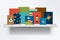 Children, kids Bookshelf. Front view of books cover standing on grey background with shadows