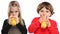 Children kids drinking orange juice healthy eating isolated on w
