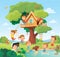 Children kids play arond tree house, tree fort, treeshed summer camp