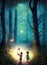 children with a lantern lost in the evening forest