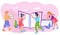 Children library, education and learning banner with boys and girls characters