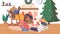 Children Listen Christmas Stories, Granny Sit on Armchair Read Book to Little Girls and Boys Characters near Fire Place