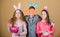 Children with little basket ready hunting for Easter eggs. Group kids bunny ears accessory celebrate Easter. Easter