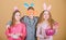 Children with little basket ready hunting for Easter eggs. Group kids bunny ears accessory celebrate Easter. Easter