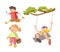 Children little boys girls playing toys and outdoor games vector flat icons