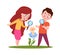 Children look on flowers. Young biologist, biology lessons on nature. Isolated cartoon boy girl with magnifier vector