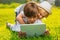 Children look at the tablet lying on the grass