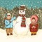 Children make snowman, winter fun, cartoon colorful drawing, vector illustration, card. Painted cute boy and girl and funny snowma