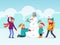 Children making snowman vector illustration. Two child make snow man, other playing snowballs. Winter fun