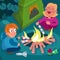 Children with marshmallows by fire in forest. Hike in woods. Cute characters near tent. Scene for design. Vector