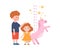 Children measuring height of girl with unicorn wall meter flat style